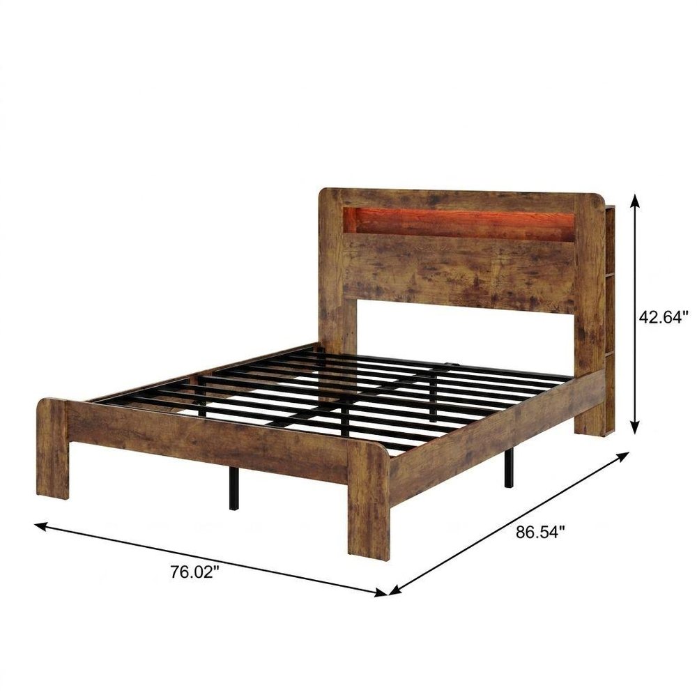 Brown Solid Wood Lighted King Bed Frame With USB — view 2