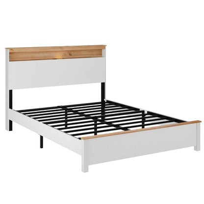 White And Natural Wood Lighted Full Bed Frame With USB And Shelf Storage HomeRoots