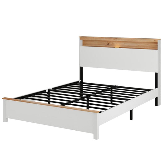 White And Natural Wood Lighted Queen Bed Frame With USB And Shelf Storage