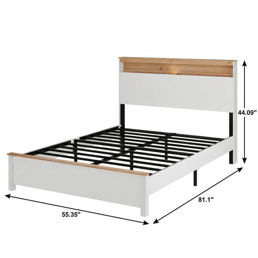 White And Natural Wood Lighted Queen Bed Frame With USB And Shelf Storage
