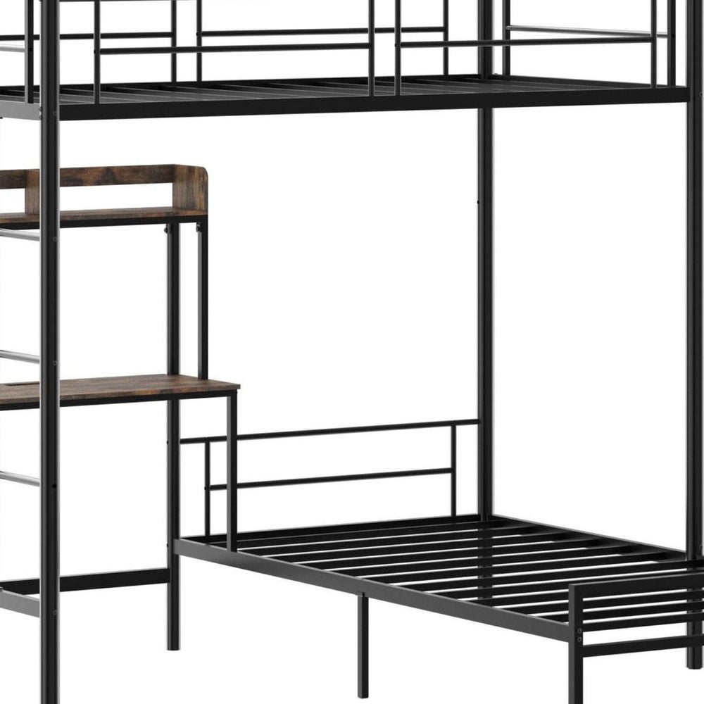 Black Metal Twin Bed Frame With USB With Shelves Storage — view 4