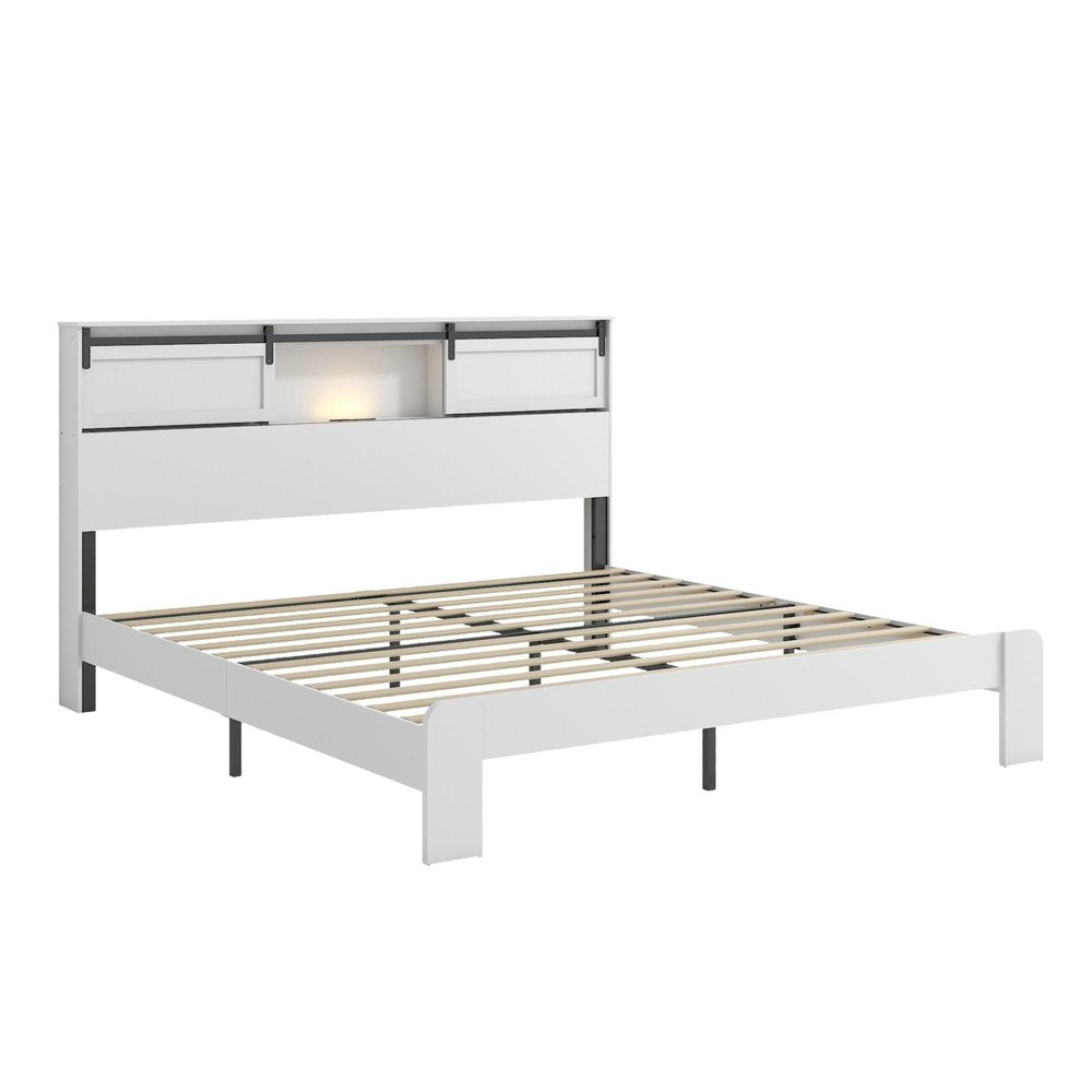 White Metal King Bed Frame With USB — view 5