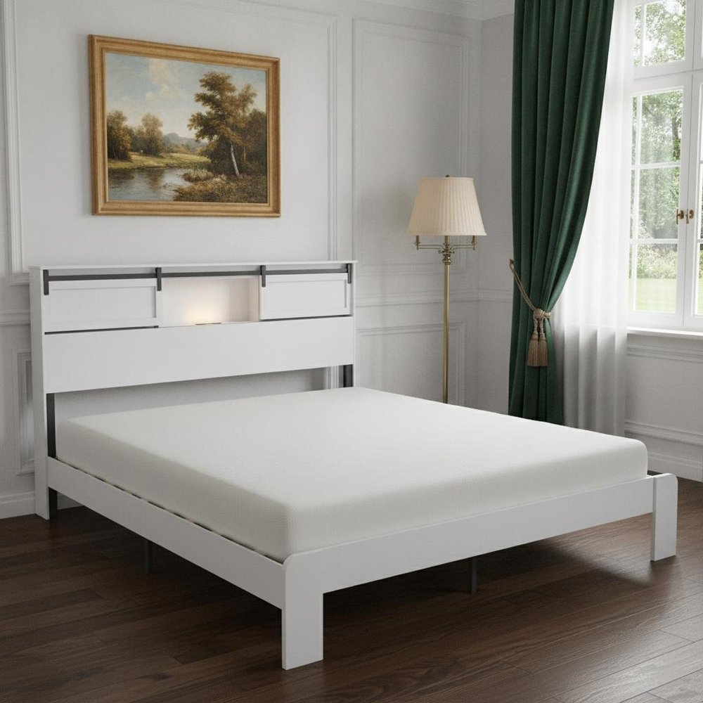 White Metal King Bed Frame With USB HomeRoots
