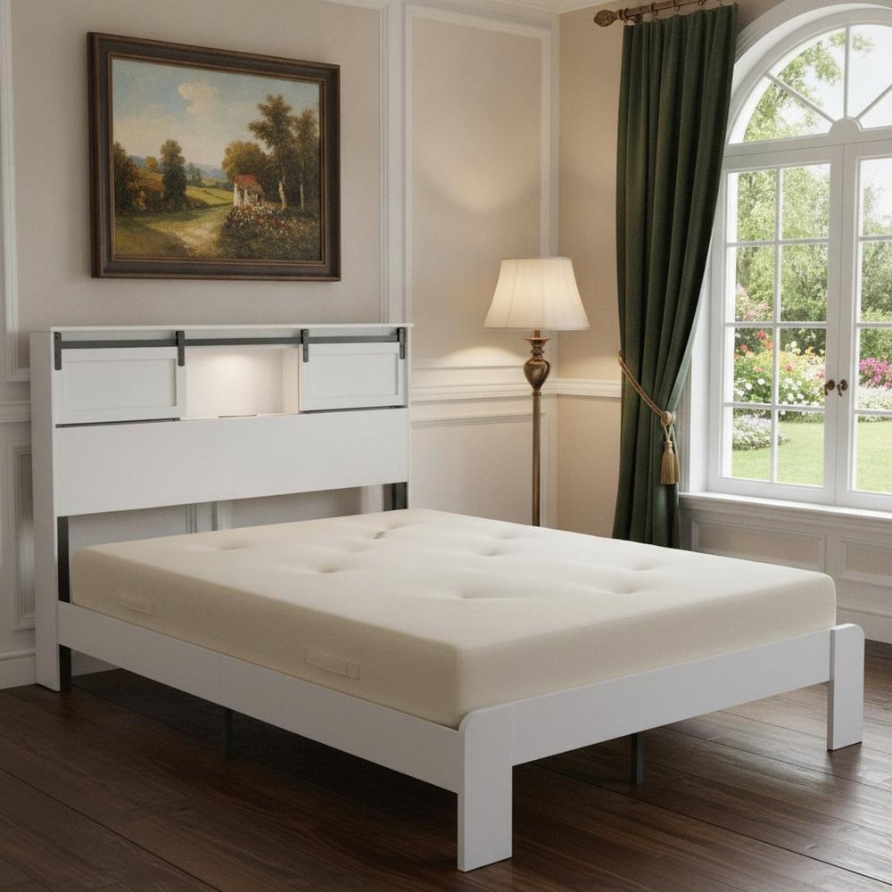 White Metal Queen Bed Frame With USB HomeRoots