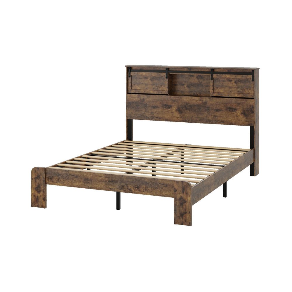 Dark Brown Metal Queen Bed Frame With USB