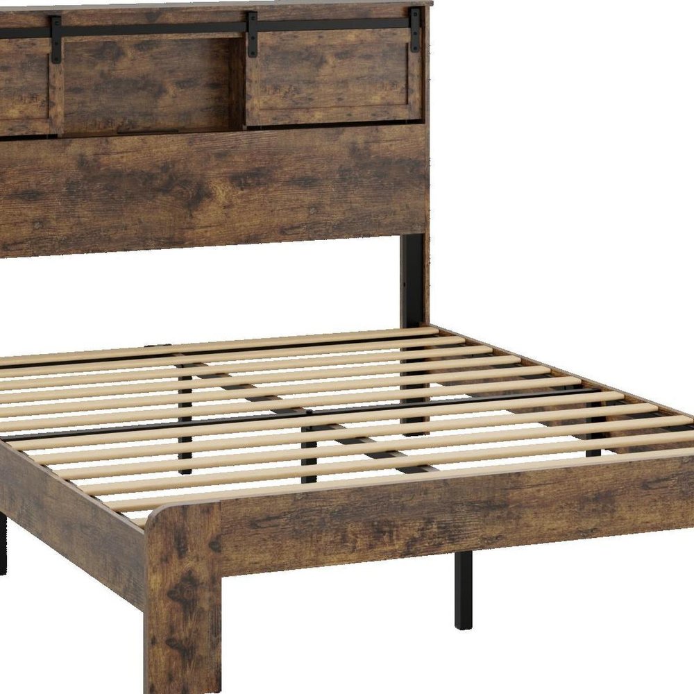 Dark Brown Metal Queen Bed Frame With USB