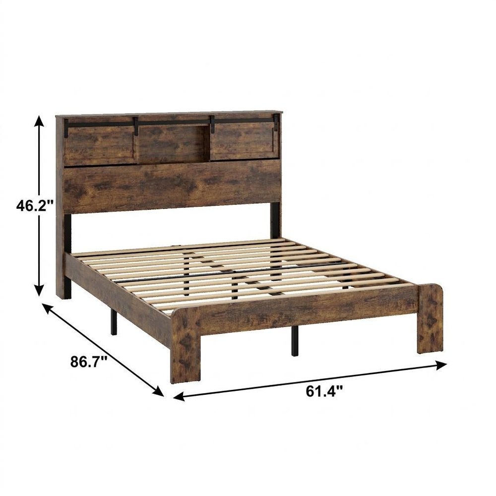 Dark Brown Metal Queen Bed Frame With USB