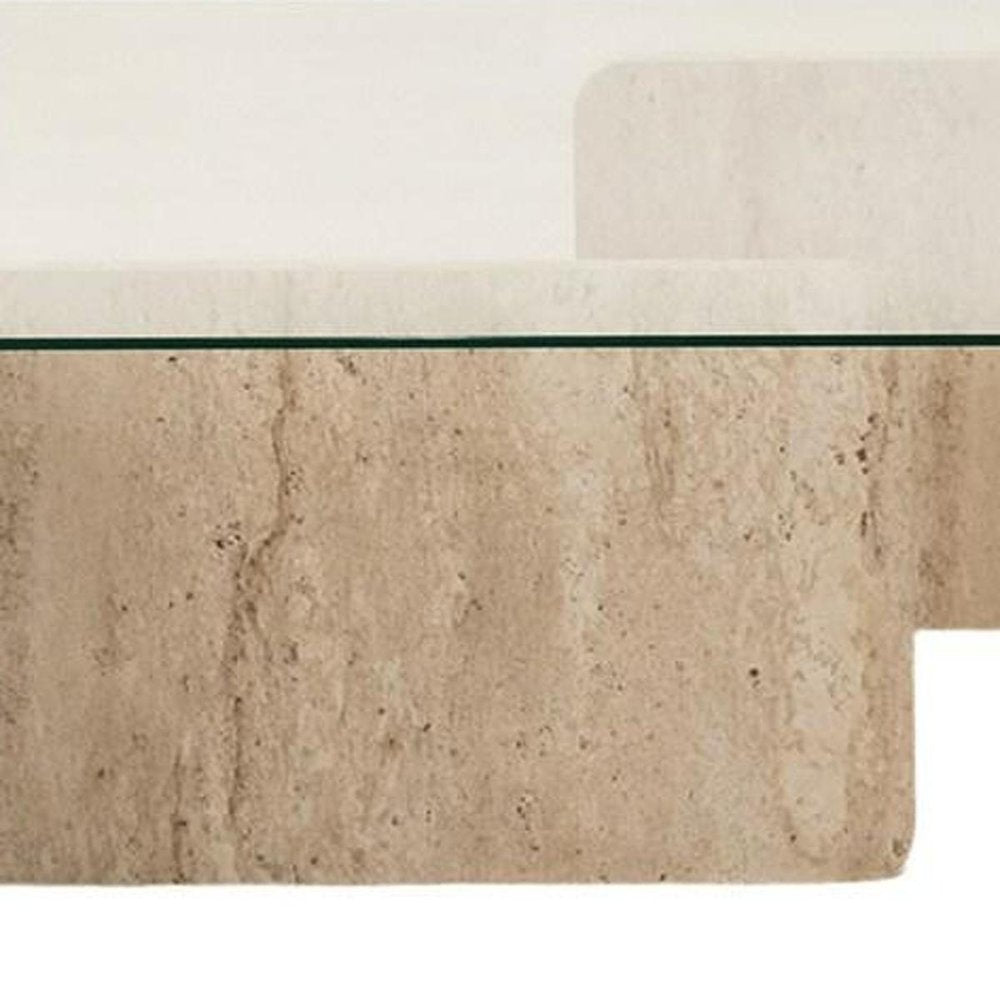 42" Stone Glass And Wood Block Coffee Table