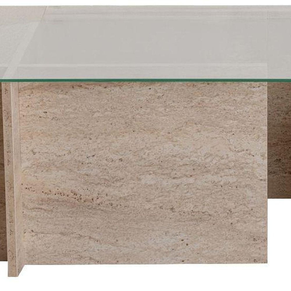 42" Clear And Stone Glass And Wood Double Pedestal Coffee Table — view 4