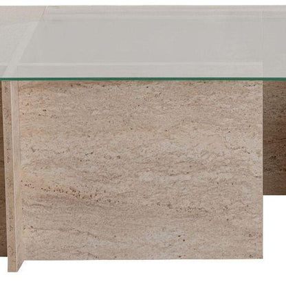 42" Clear And Stone Glass And Wood Double Pedestal Coffee Table HomeRoots