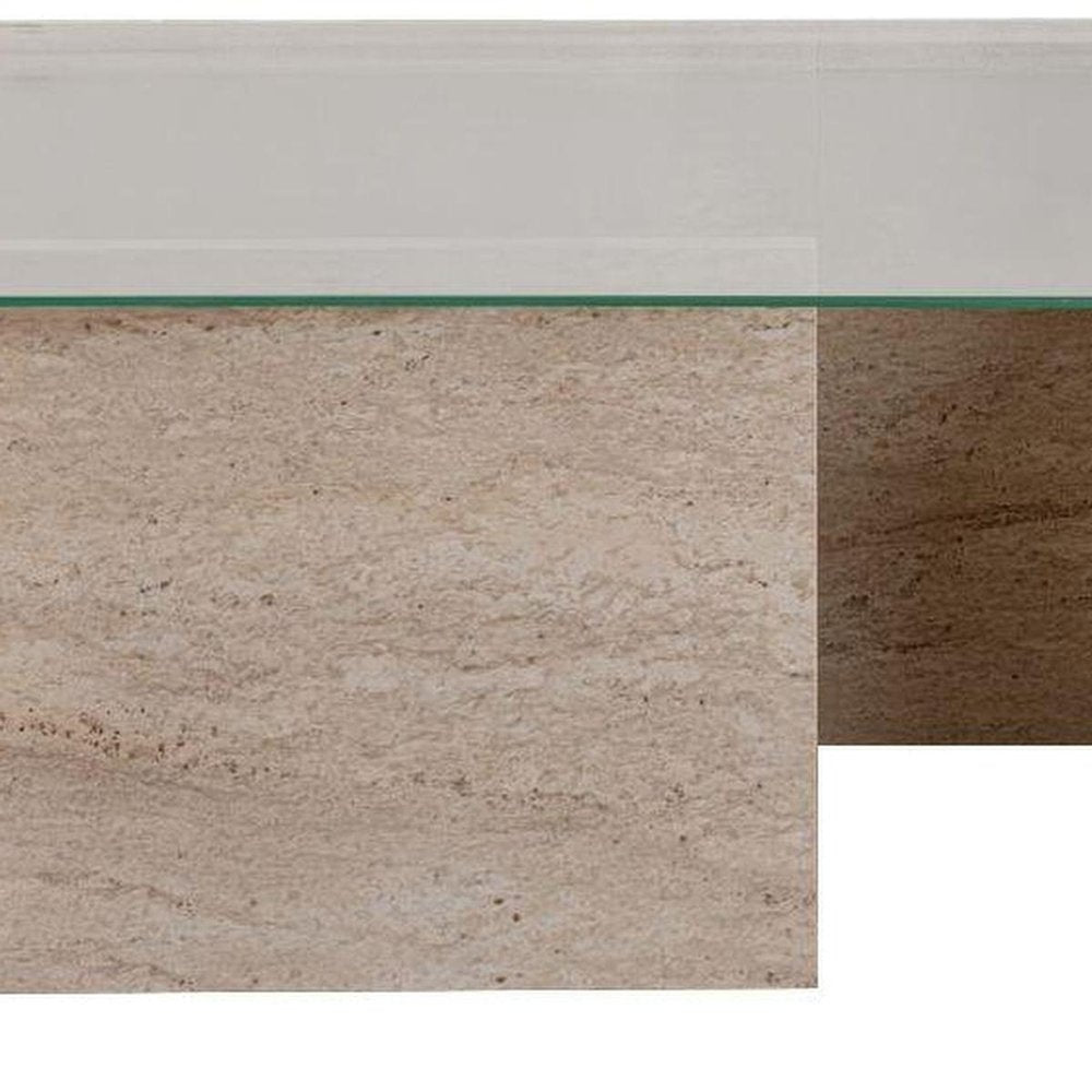42" Clear And Stone Glass And Wood Double Pedestal Coffee Table — view 5