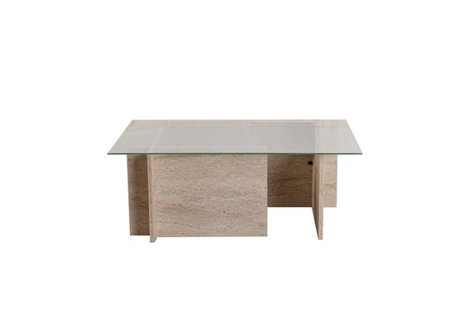 42" Clear And Stone Glass And Wood Double Pedestal Coffee Table