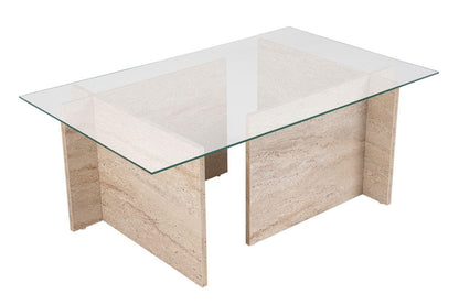 42" Clear And Stone Glass And Wood Double Pedestal Coffee Table HomeRoots