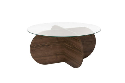 30" Walnut And Wheat Glass And Wood Round Abstract Coffee Table HomeRoots