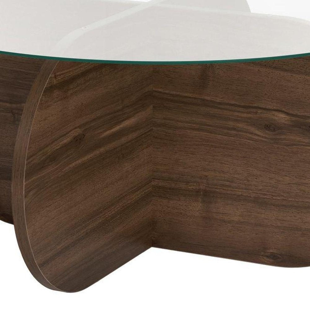 30" Walnut And Wheat Glass And Wood Round Abstract Coffee Table — view 6