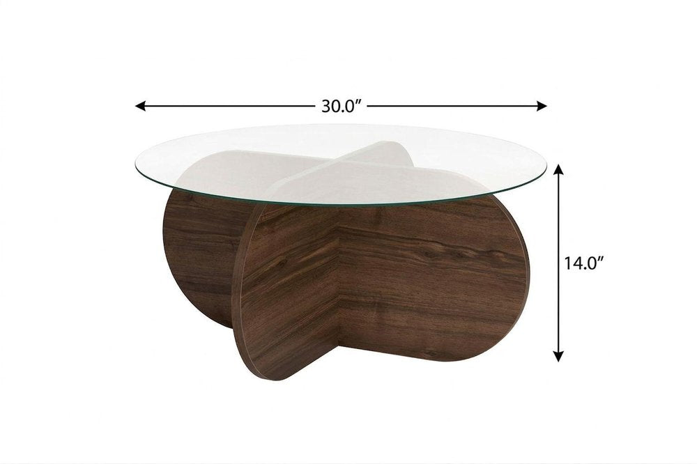 30" Walnut And Wheat Glass And Wood Round Abstract Coffee Table HomeRoots