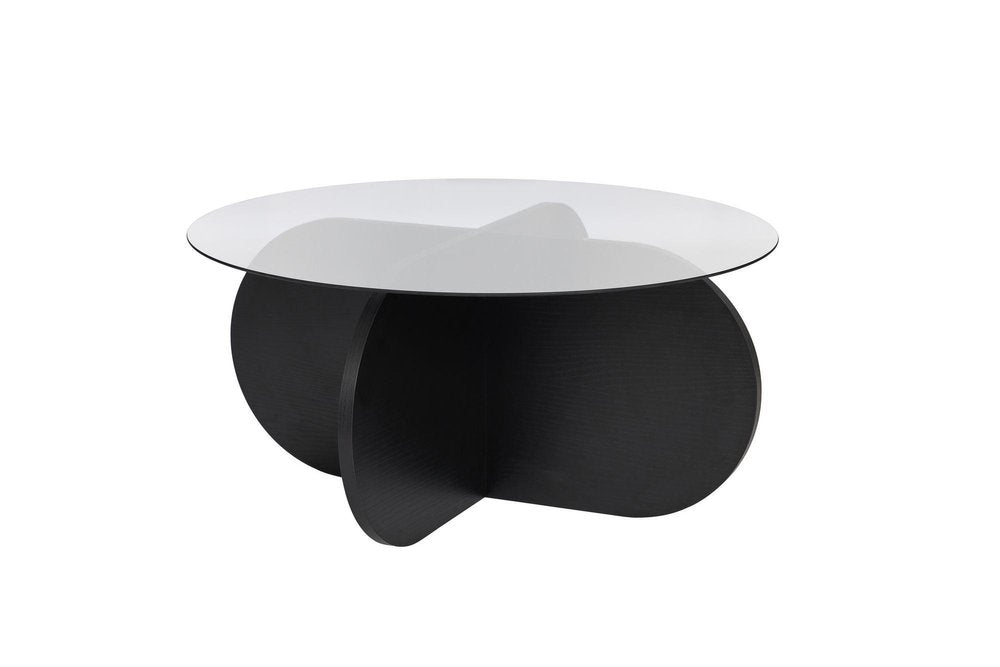 30" Unfinished Glass And Wood Round Abstract Coffee Table