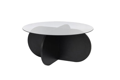 30" Unfinished Glass And Wood Round Abstract Coffee Table