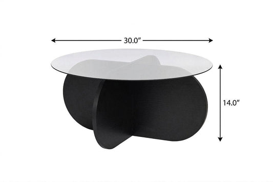 30" Unfinished Glass And Wood Round Abstract Coffee Table