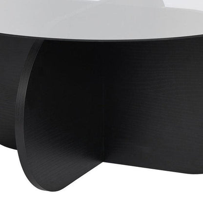 30" Unfinished Glass And Wood Round Abstract Coffee Table