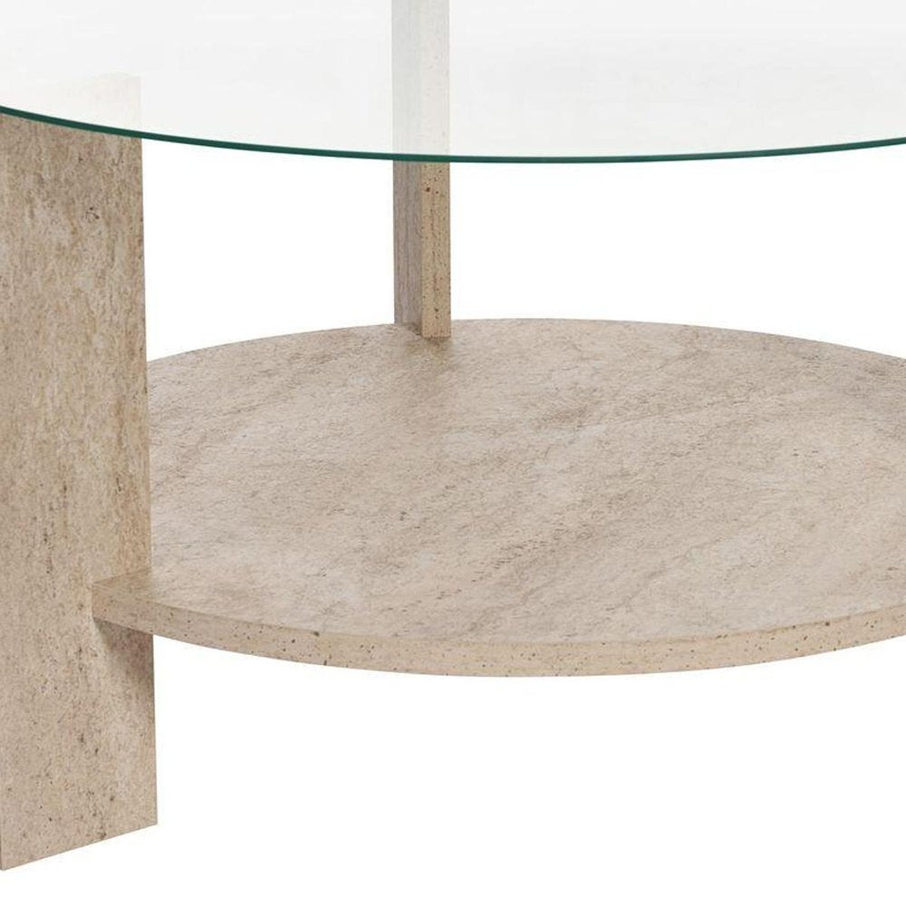 30" Oak And Tan Glass And Wood Round Double Pedestal Coffee Table — view 5