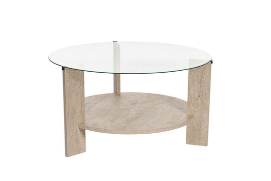 30" Oak And Tan Glass And Wood Round Double Pedestal Coffee Table