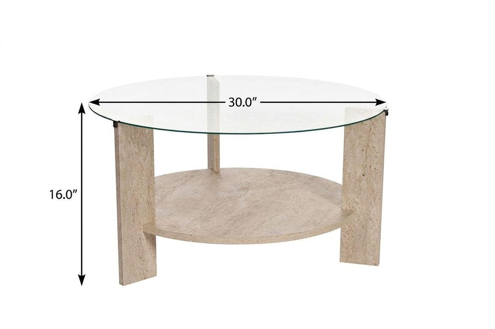 30" Oak And Tan Glass And Wood Round Double Pedestal Coffee Table