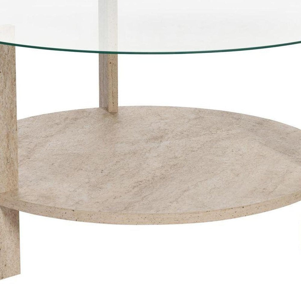 30" Oak And Tan Glass And Wood Round Double Pedestal Coffee Table — view 4