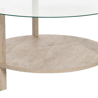 30" Oak And Tan Glass And Wood Round Double Pedestal Coffee Table HomeRoots