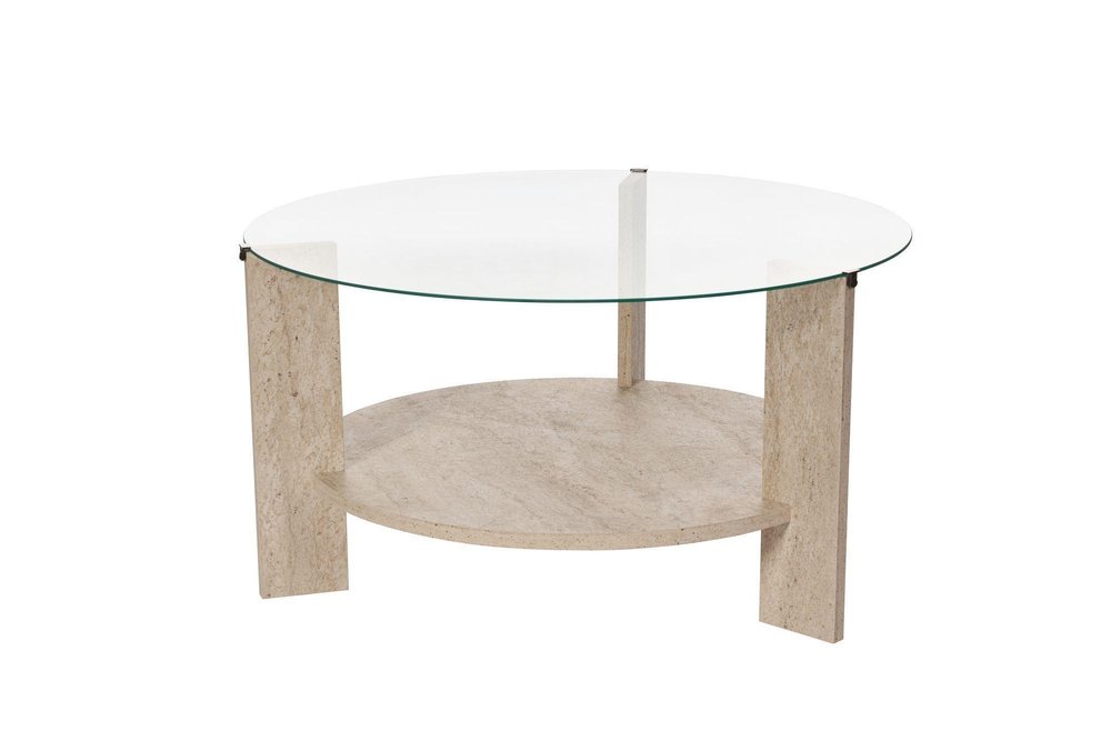 30" Oak And Tan Glass And Wood Round Double Pedestal Coffee Table HomeRoots
