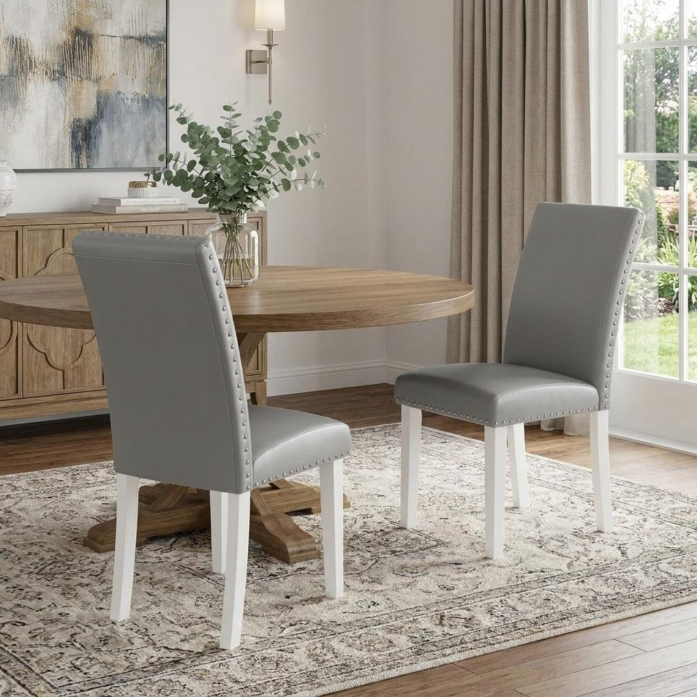 Set of Two Light Gray And White Fabric And Faux Leather And Wood Dining Side Chairs — view 1
