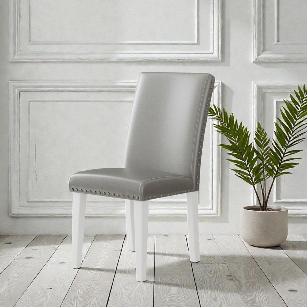 Set of Two Light Gray And White Fabric And Faux Leather And Wood Dining Side Chairs — view 7