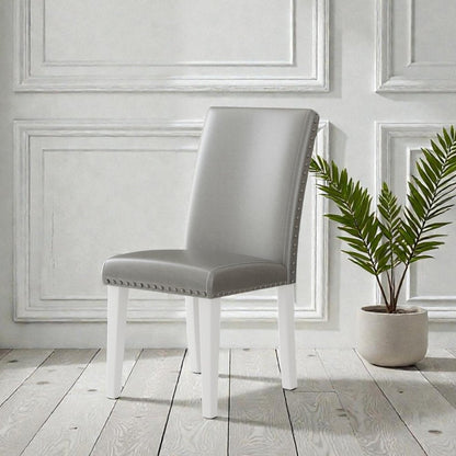 Set of Two Light Gray And White Fabric And Faux Leather And Wood Dining Side Chairs HomeRoots