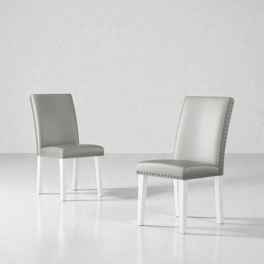 Set of Two Light Gray And White Fabric And Faux Leather And Wood Dining Side Chairs — view 6