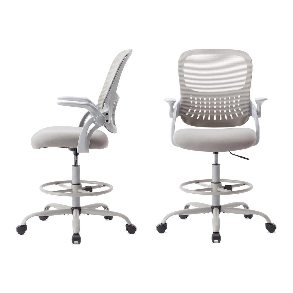Gray And White Swivel Rolling Drafting Chair With Footrest HomeRoots