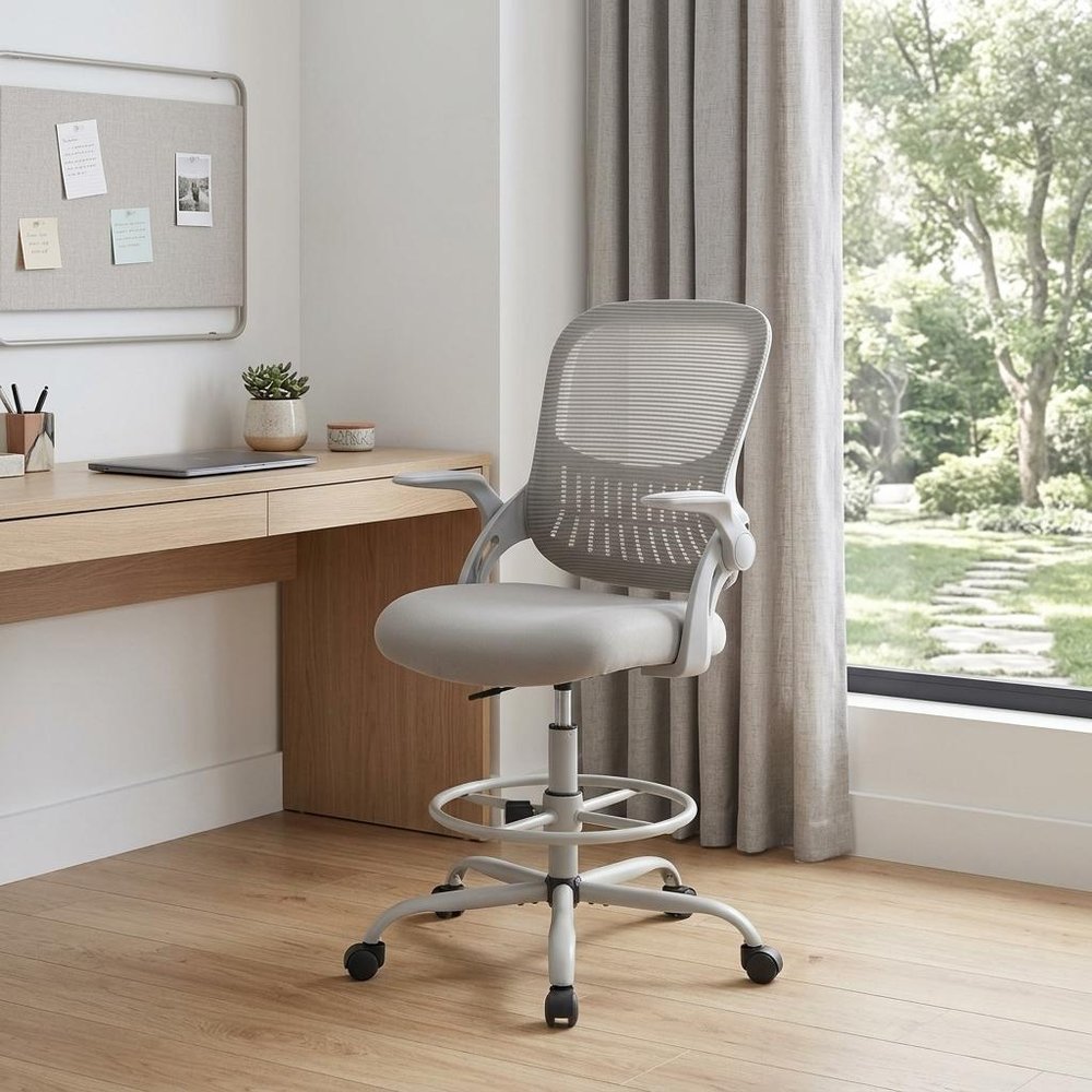 Gray And White Swivel Rolling Drafting Chair With Footrest HomeRoots