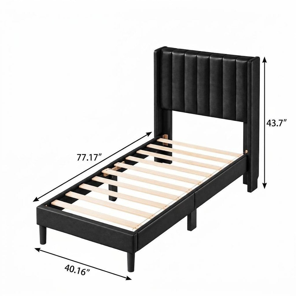 Black Solid Wood And Faux Leather Upholstered Twin Bed Frame — view 5