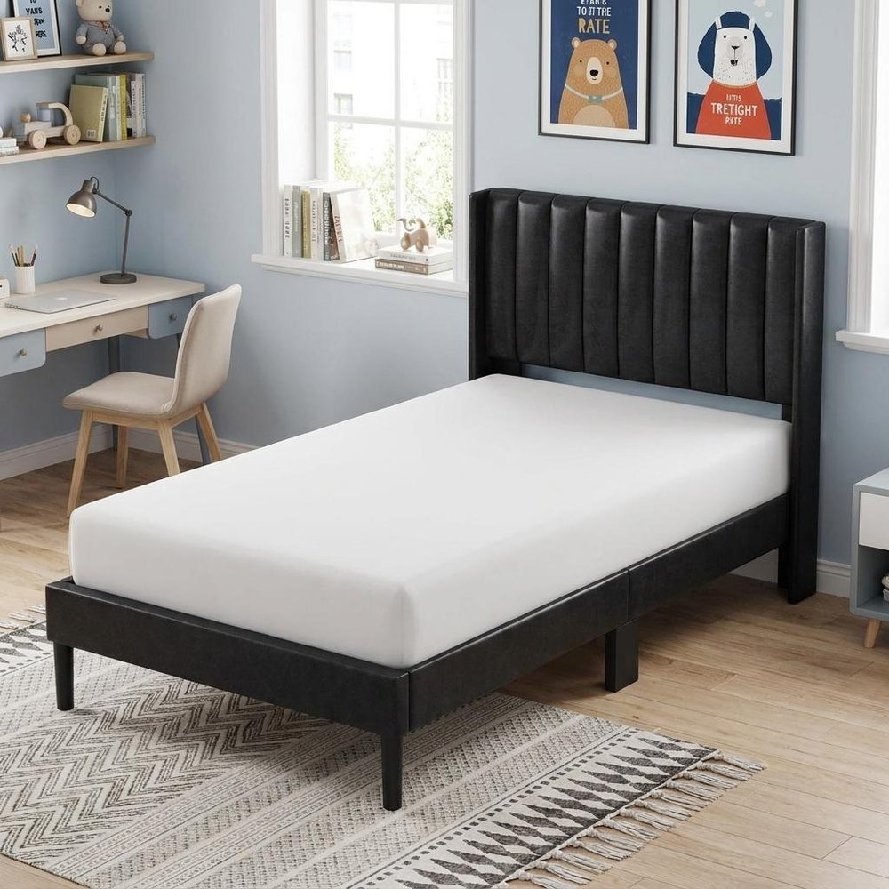 Black Solid Wood And Faux Leather Upholstered Twin Bed Frame