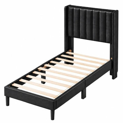 Black Solid Wood And Faux Leather Upholstered Twin Bed Frame