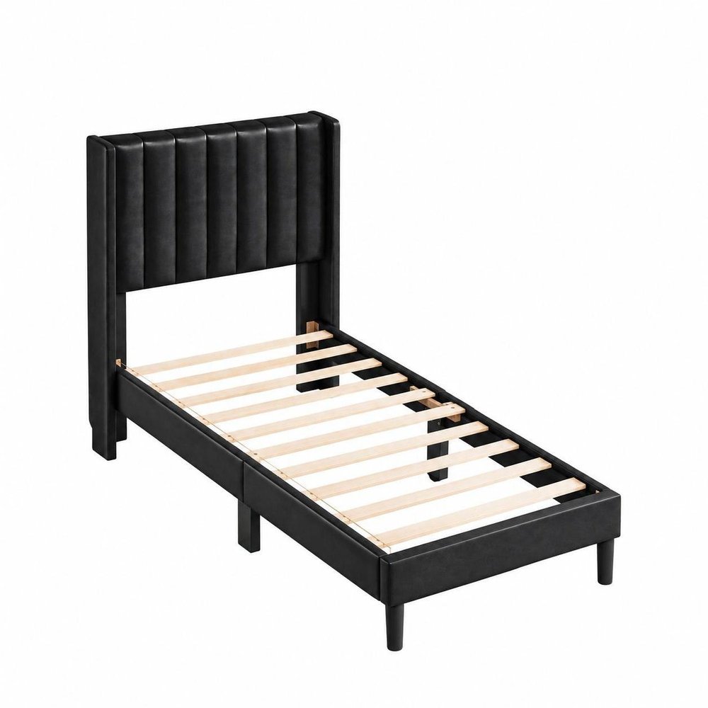 Black Solid Wood And Faux Leather Upholstered Twin Bed Frame — view 3