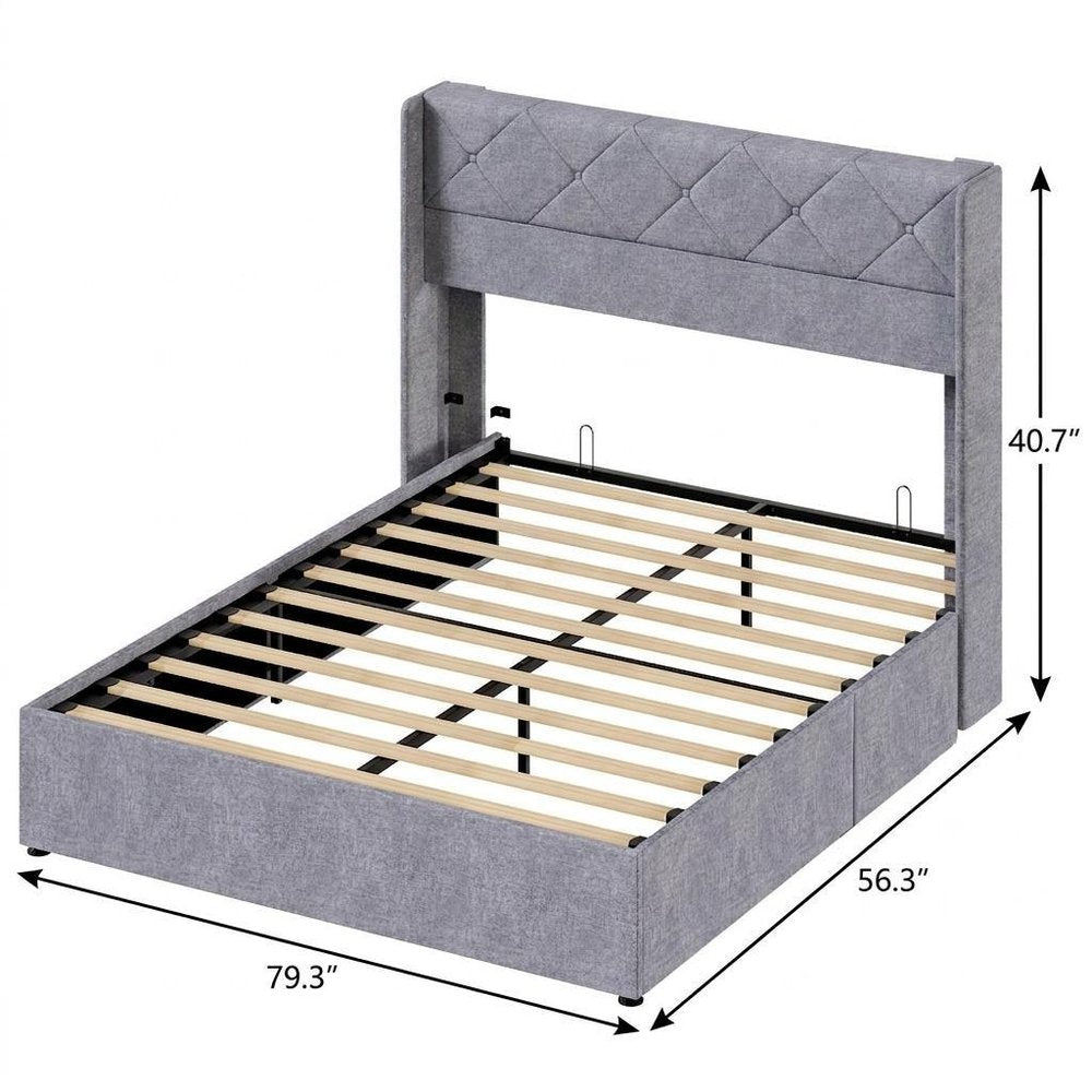 Gray Metal And Linen Blend Upholstered Full Bed Frame — view 5