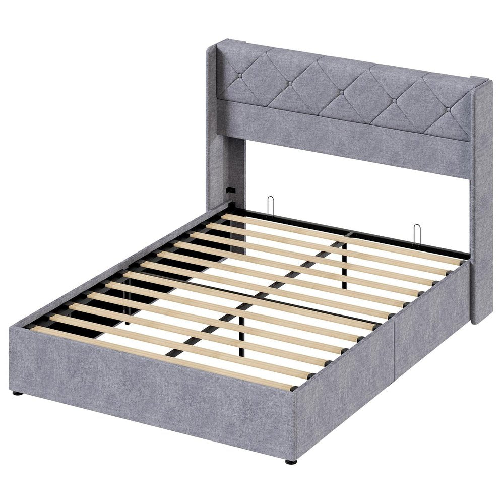 Gray Metal And Linen Blend Upholstered Full Bed Frame