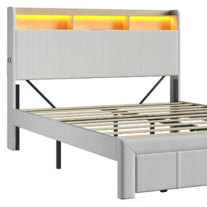 Beige Metal And Corduroy Lighted Upholstered Queen Bed Frame With USB And Drawer