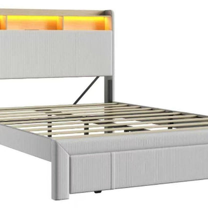 Beige Metal And Corduroy Lighted Upholstered Queen Bed Frame With USB And Drawer HomeRoots