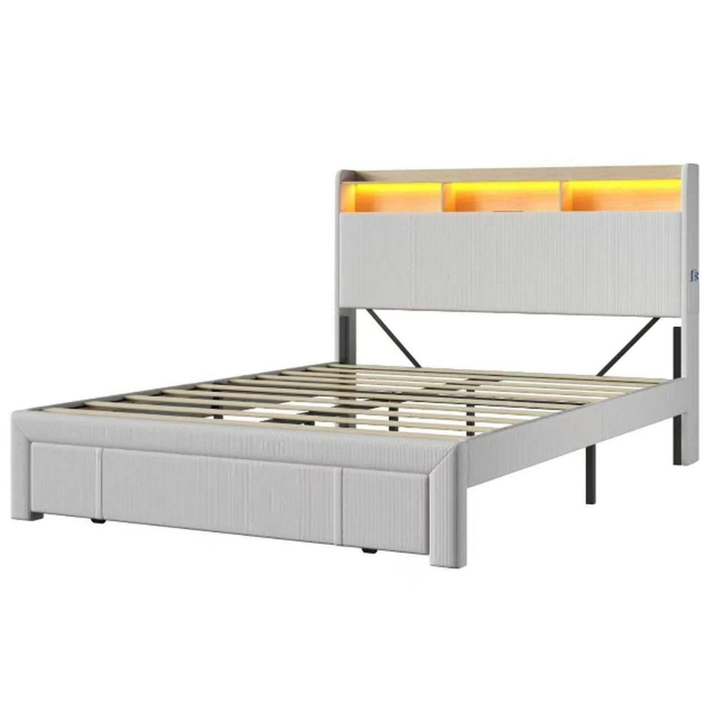 Beige Metal And Corduroy Lighted Upholstered Queen Bed Frame With USB And Drawer — view 4