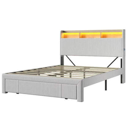 Beige Metal And Corduroy Lighted Upholstered Queen Bed Frame With USB And Drawer HomeRoots