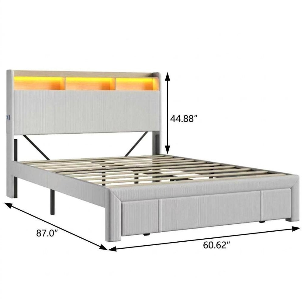 Beige Metal And Corduroy Lighted Upholstered Queen Bed Frame With USB And Drawer — view 5