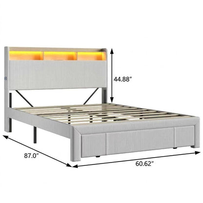 Beige Metal And Corduroy Lighted Upholstered Queen Bed Frame With USB And Drawer HomeRoots