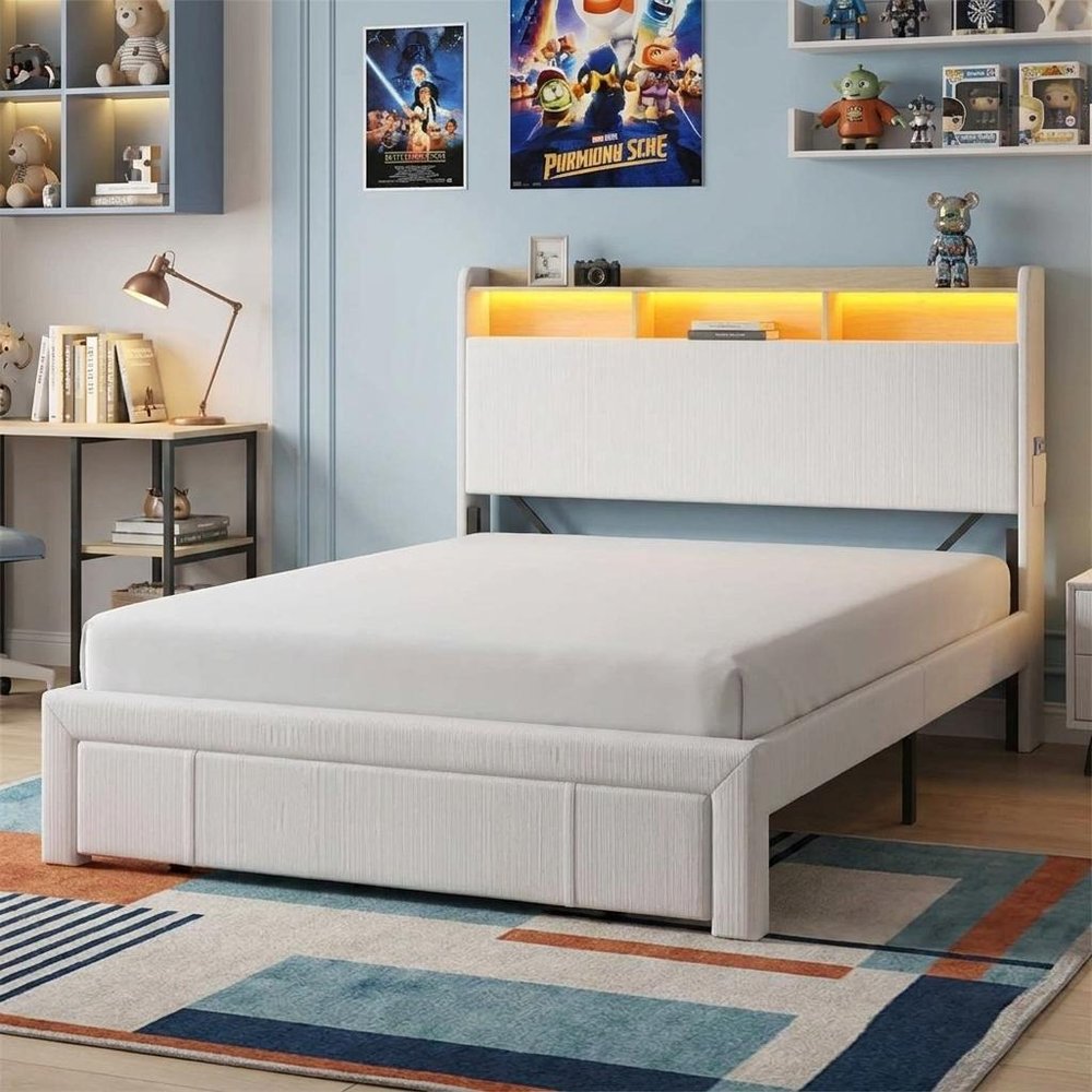 Beige Metal And Corduroy Lighted Upholstered Queen Bed Frame With USB And Drawer — view 6