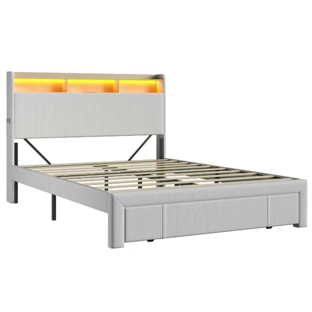 Beige Metal And Corduroy Lighted Upholstered Queen Bed Frame With USB And Drawer — view 1